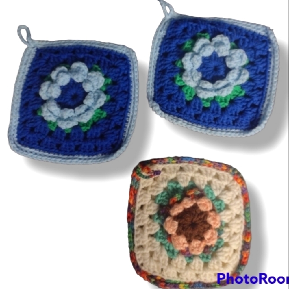 Set of 3 Vintage Hand Knitted Square Colorful Floral Pot Holders